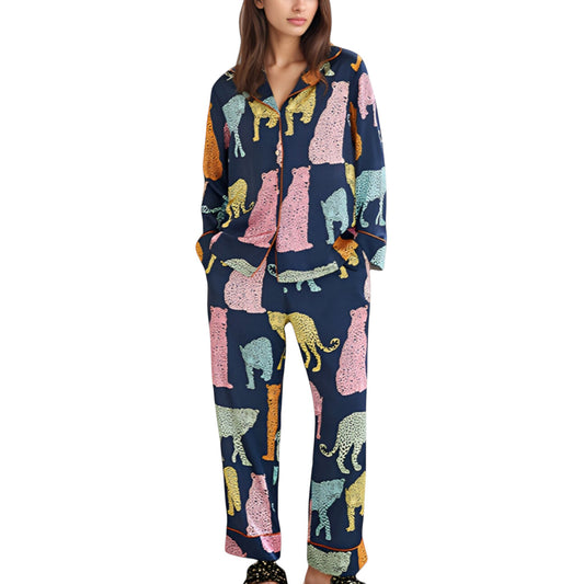 Anna-Kaci Lounge Women's Satin Multicolor Leopard Print Pajama Set with Button Up Long Sleeve Shirt and Relaxed Fit Pants