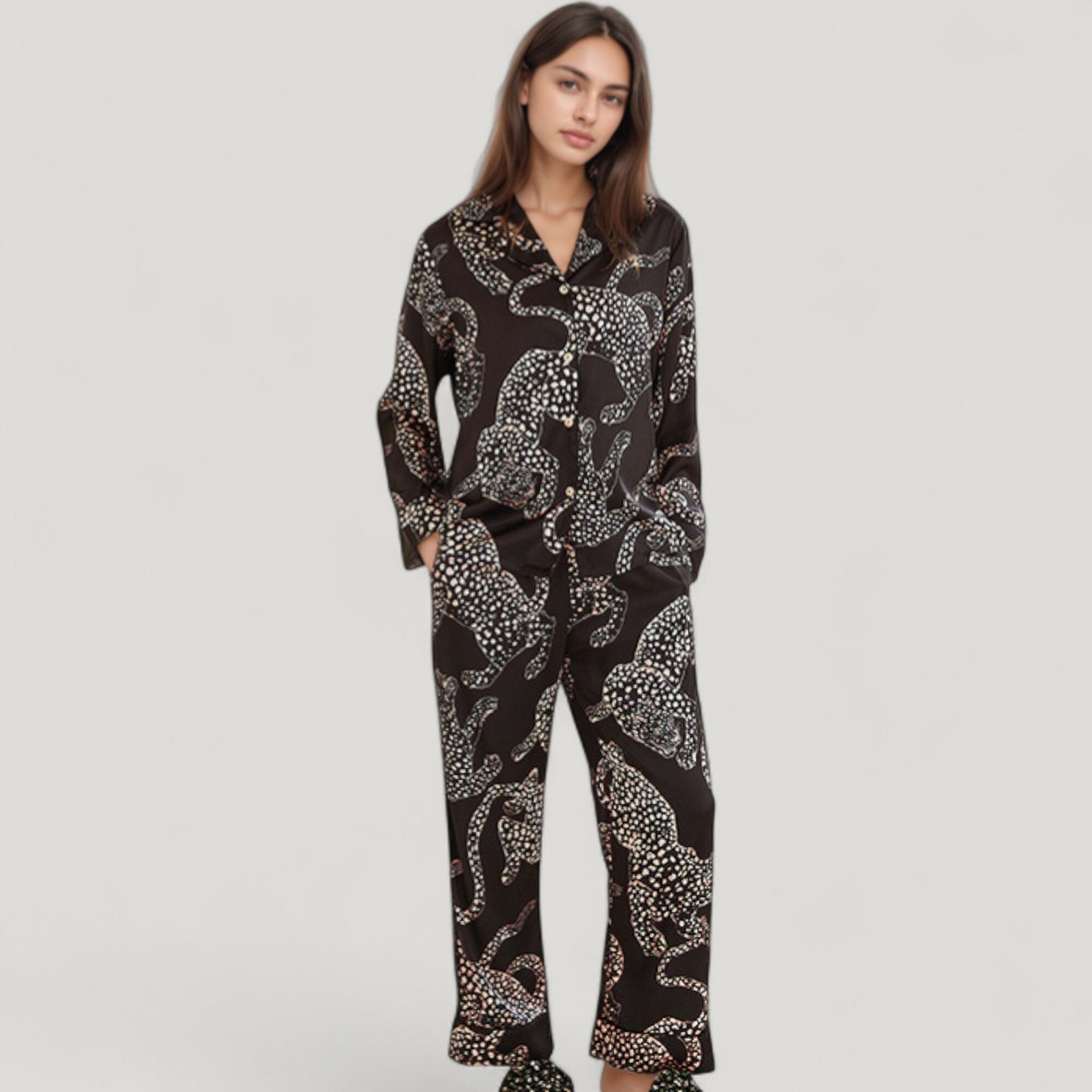 Anna-Kaci Lounge Women's Animal Print Woven Pajama Set with Button Front Long Sleeve Top and Relaxed Fit Pants