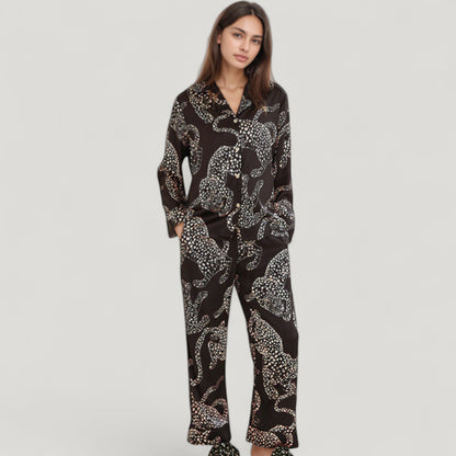 Anna-Kaci Lounge Women's Animal Print Woven Pajama Set with Button Front Long Sleeve Top and Relaxed Fit Pants