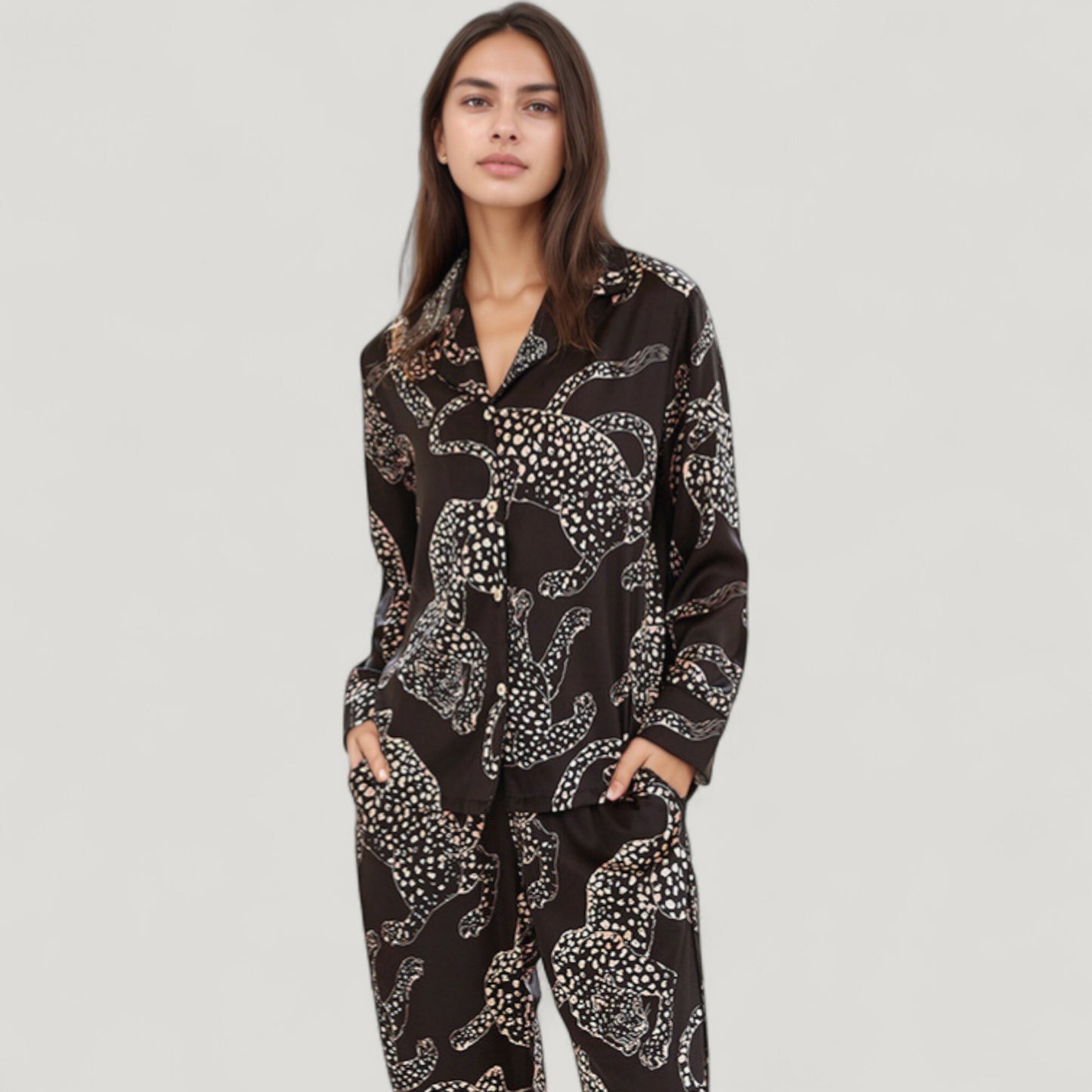 Anna-Kaci Lounge Women's Animal Print Woven Pajama Set with Button Front Long Sleeve Top and Relaxed Fit Pants