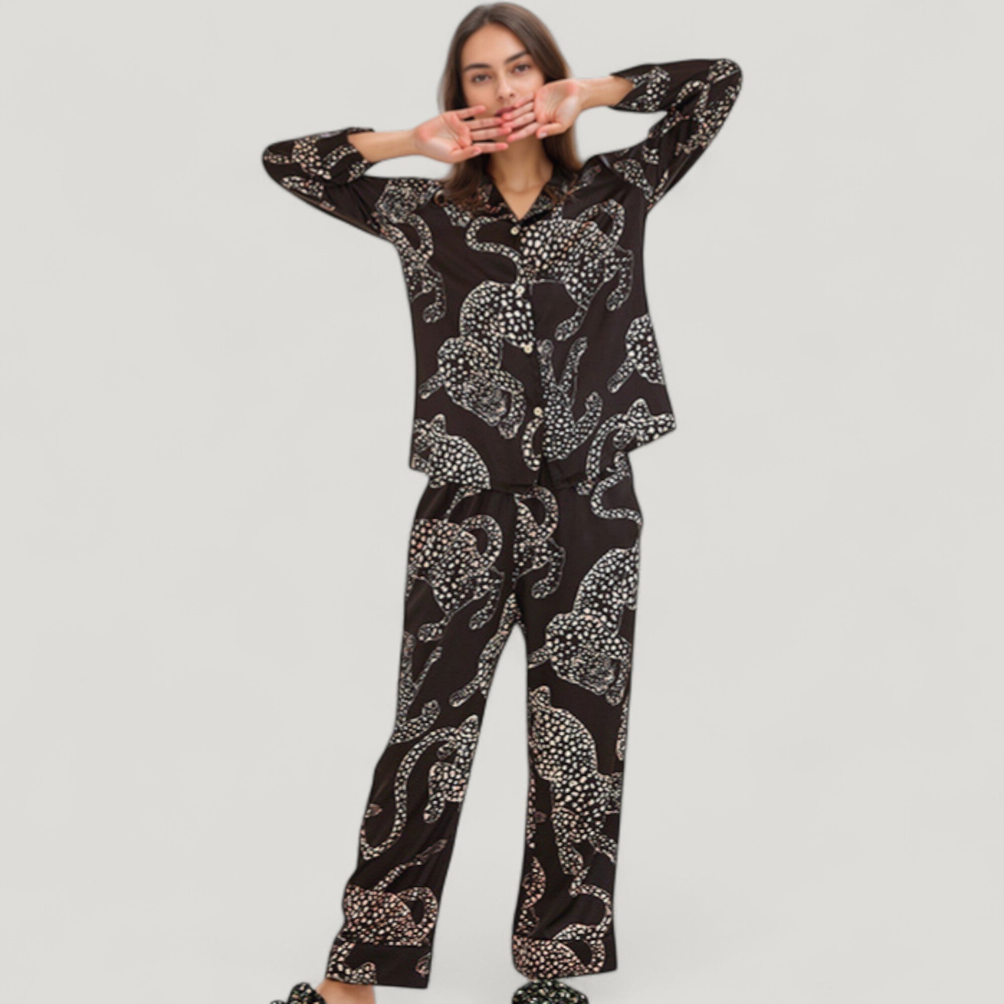 Anna-Kaci Lounge Women's Animal Print Woven Pajama Set with Button Front Long Sleeve Top and Relaxed Fit Pants