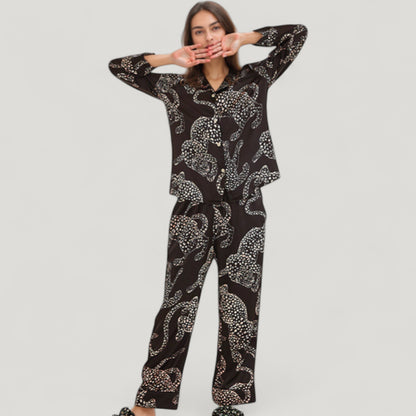 Anna-Kaci Lounge Women's Animal Print Woven Pajama Set with Button Front Long Sleeve Top and Relaxed Fit Pants