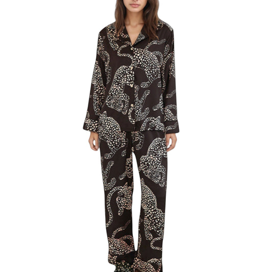 Anna-Kaci Lounge Women's Animal Print Woven Pajama Set with Button Front Long Sleeve Top and Relaxed Fit Pants