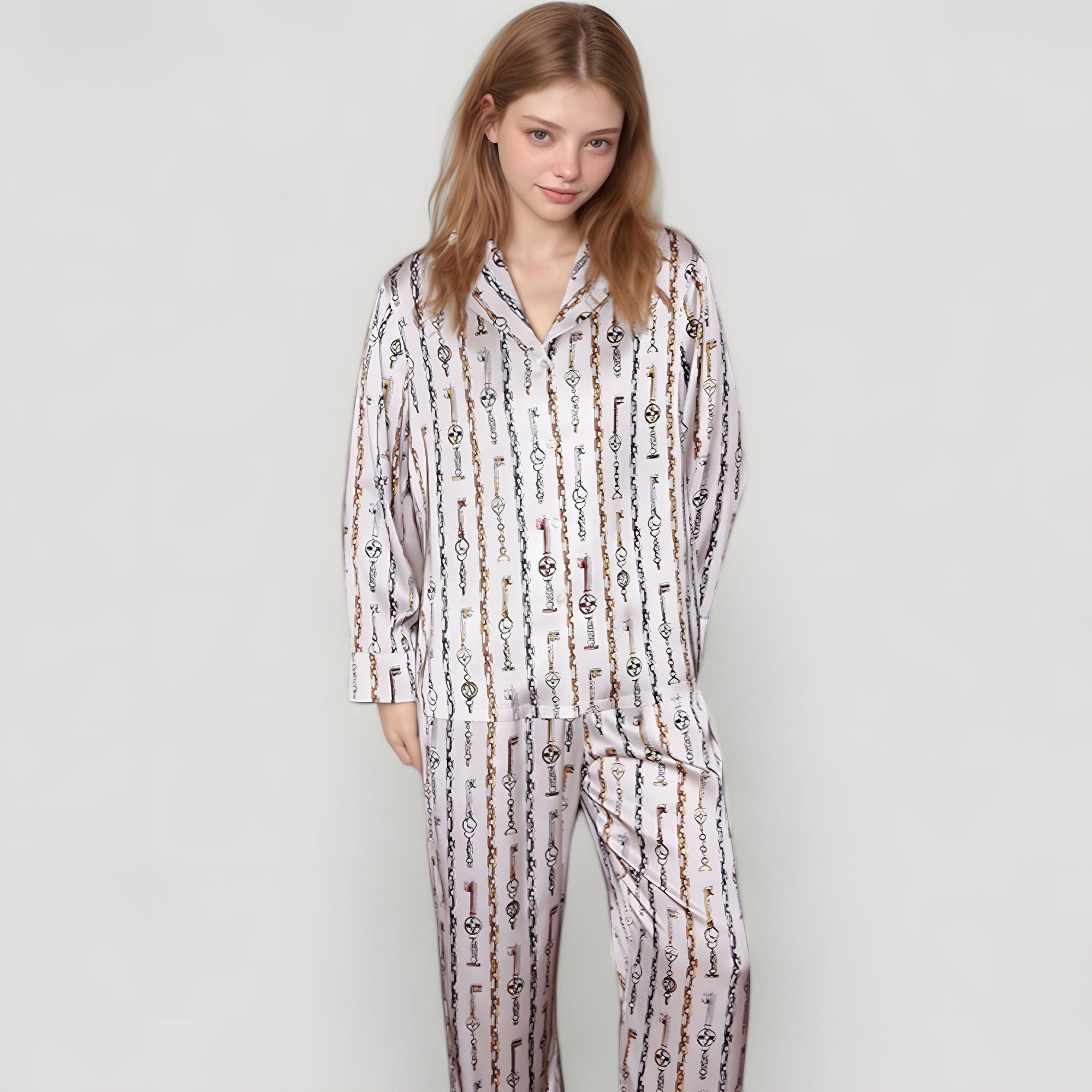 Anna-Kaci Lounge Women's Key and Chain Print Woven Pajama Set with Button Down Long Sleeve Top and Relaxed Fit Pants
