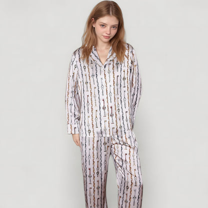 Anna-Kaci Lounge Women's Key and Chain Print Woven Pajama Set with Button Down Long Sleeve Top and Relaxed Fit Pants