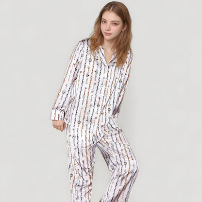 Anna-Kaci Lounge Women's Key and Chain Print Woven Pajama Set with Button Down Long Sleeve Top and Relaxed Fit Pants