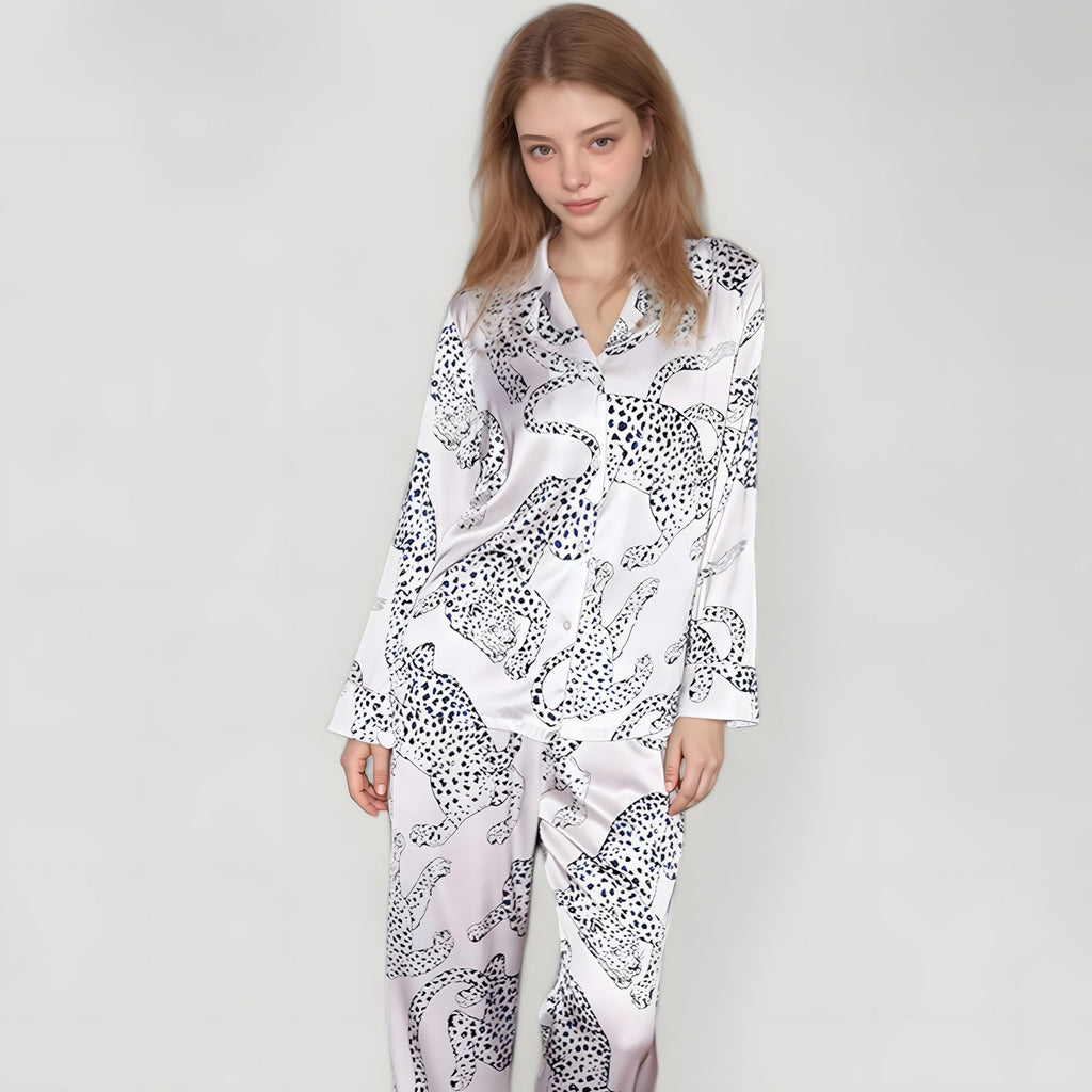 Anna-Kaci Lounge Women's Cheetah Print Woven Pajama Set with Long Sleeve Button Down Top and Relaxed Fit Straight Leg Pants