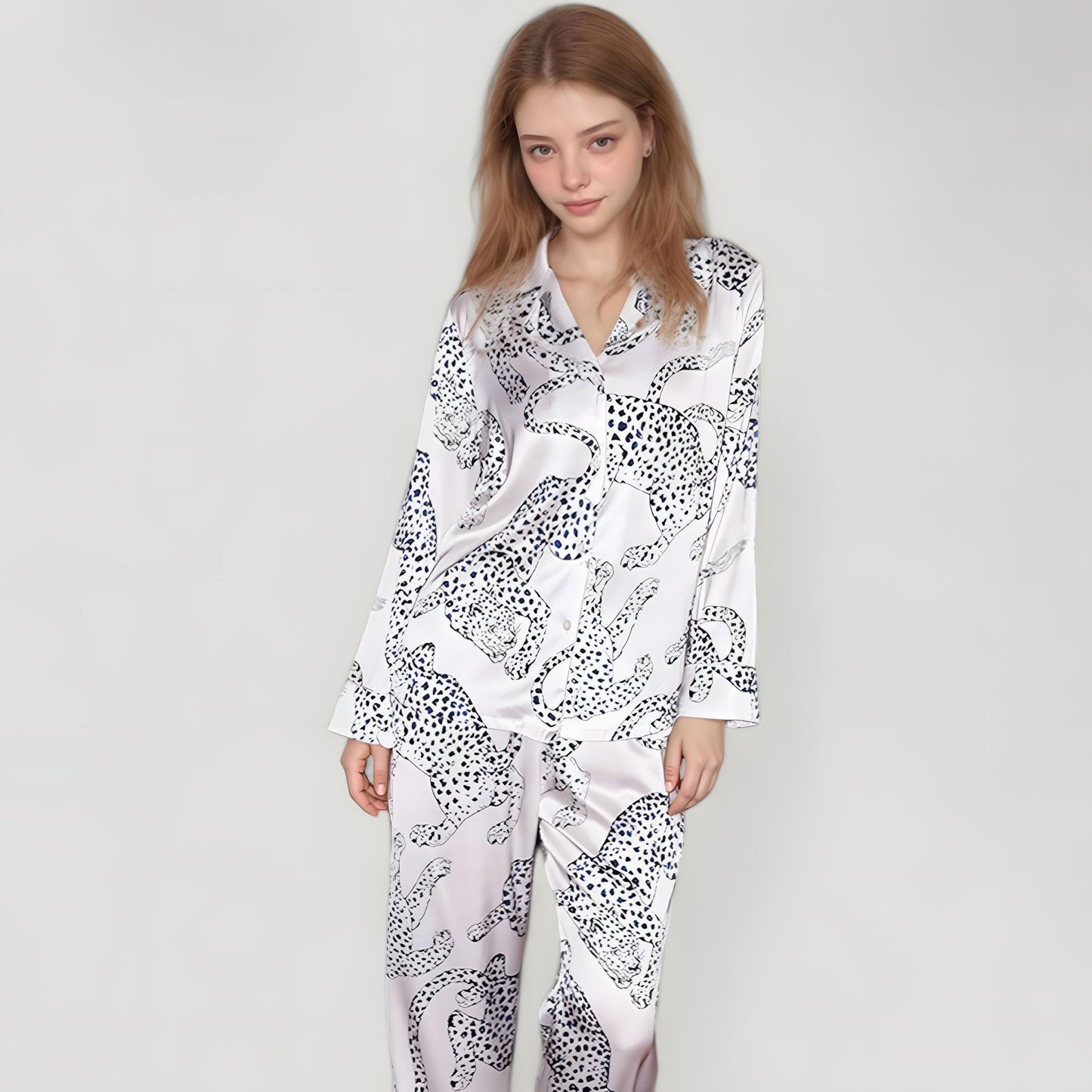 Anna-Kaci Lounge Women's Cheetah Print Woven Pajama Set with Long Sleeve Button Down Top and Relaxed Fit Straight Leg Pants