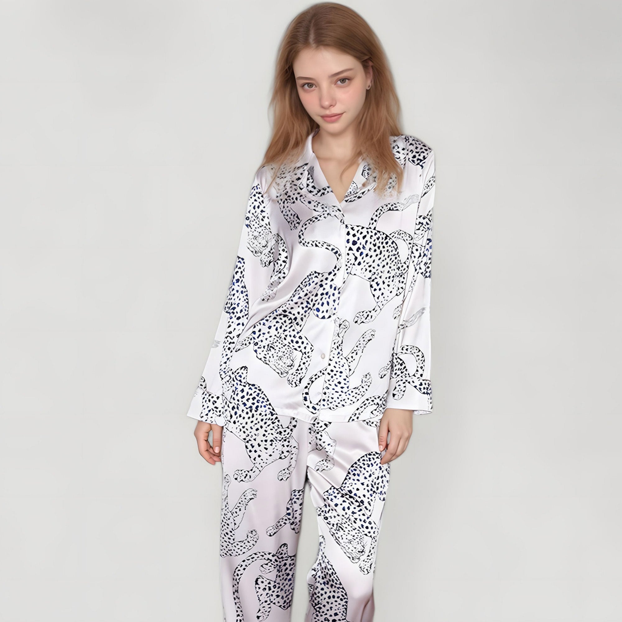 Anna-Kaci Lounge Women's Cheetah Print Woven Pajama Set with Long Sleeve Button Down Top and Relaxed Fit Straight Leg Pants