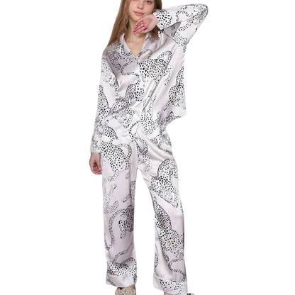 Anna-Kaci Lounge Women's Cheetah Print Woven Pajama Set with Long Sleeve Button Down Top and Relaxed Fit Straight Leg Pants