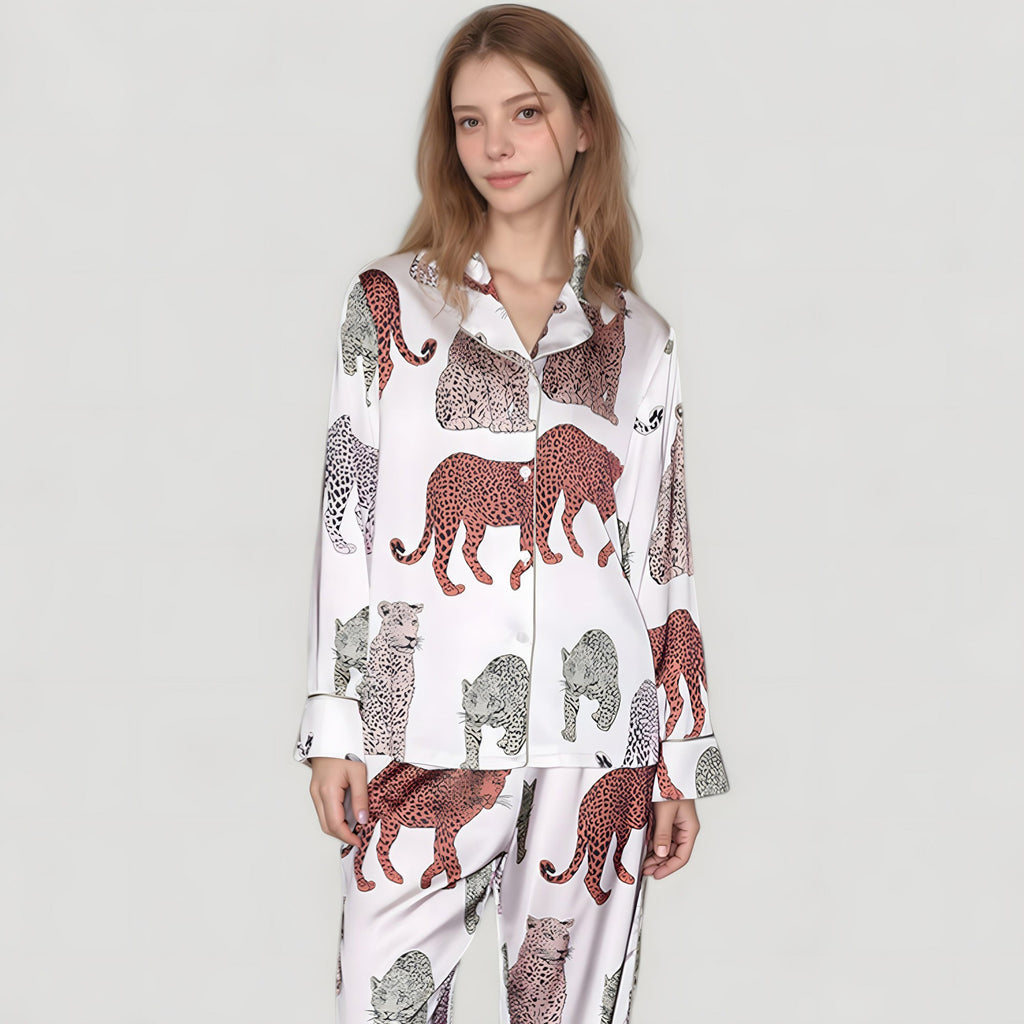 Anna-Kaci Lounge Women's Multicolored Leopard Print Pajama Set with Long Sleeve Notch Collar Top and Relaxed Straight Leg Bottoms