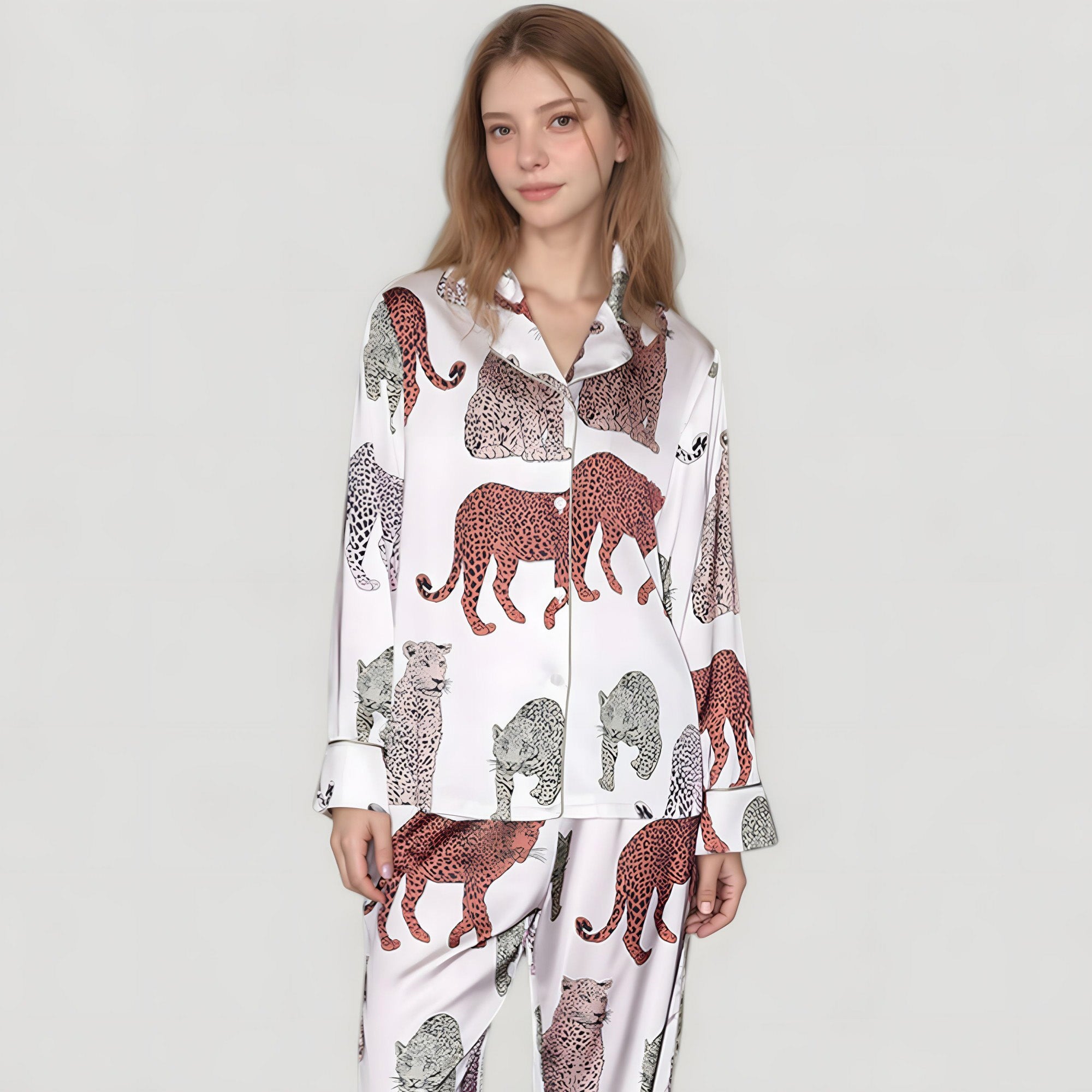 Anna-Kaci Lounge Women's Multicolored Leopard Print Pajama Set with Long Sleeve Notch Collar Top and Relaxed Straight Leg Bottoms