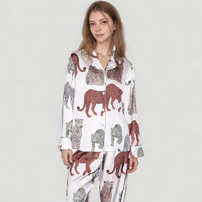 Anna-Kaci Lounge Women's Multicolored Leopard Print Pajama Set with Long Sleeve Notch Collar Top and Relaxed Straight Leg Bottoms