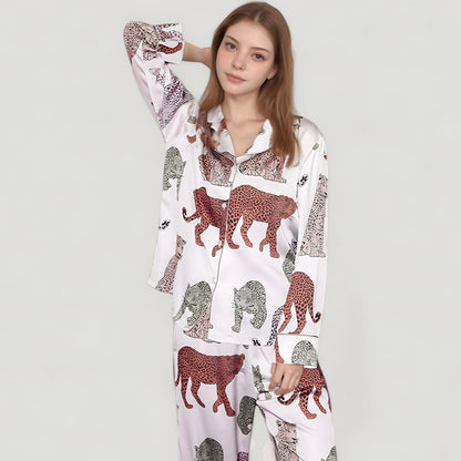 Anna-Kaci Lounge Women's Multicolored Leopard Print Pajama Set with Long Sleeve Notch Collar Top and Relaxed Straight Leg Bottoms