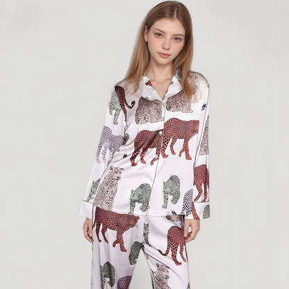 Anna-Kaci Lounge Women's Multicolored Leopard Print Pajama Set with Long Sleeve Notch Collar Top and Relaxed Straight Leg Bottoms