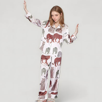 Anna-Kaci Lounge Women's Multicolored Leopard Print Pajama Set with Long Sleeve Notch Collar Top and Relaxed Straight Leg Bottoms