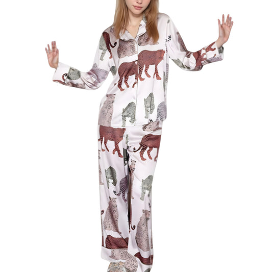 Anna-Kaci Lounge Women's Multicolored Leopard Print Pajama Set with Long Sleeve Notch Collar Top and Relaxed Straight Leg Bottoms