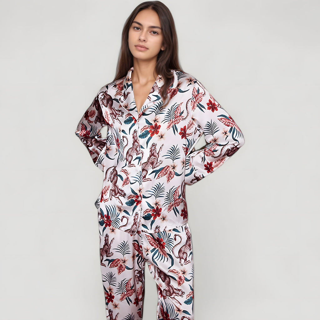 Anna-Kaci Lounge Women's Jungle Animal and Floral Pajama Set with Long Sleeve Notch Collar Button Down Top and Relaxed Woven Pants