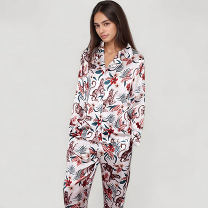 Anna-Kaci Lounge Women's Jungle Animal and Floral Pajama Set with Long Sleeve Notch Collar Button Down Top and Relaxed Woven Pants