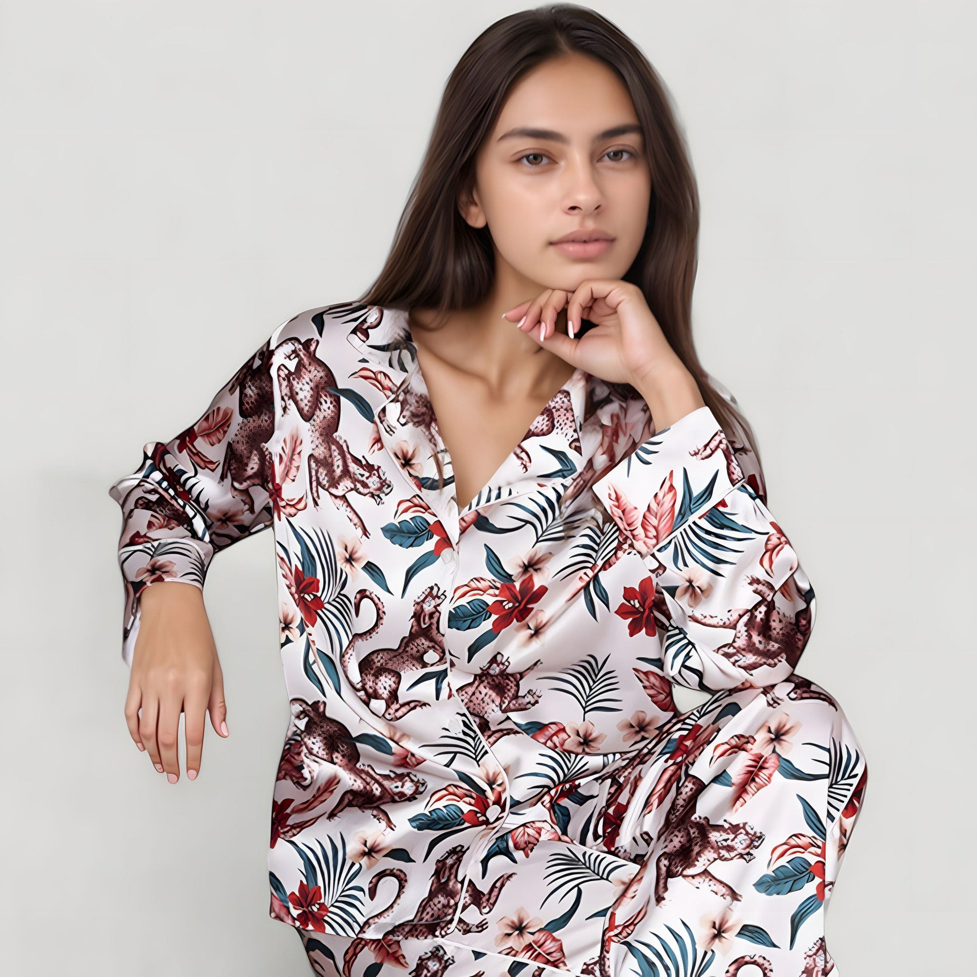 Anna-Kaci Lounge Women's Jungle Animal and Floral Pajama Set with Long Sleeve Notch Collar Button Down Top and Relaxed Woven Pants