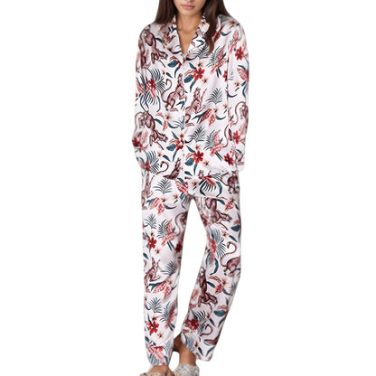 Anna-Kaci Lounge Women's Jungle Animal and Floral Pajama Set with Long Sleeve Notch Collar Button Down Top and Relaxed Woven Pants