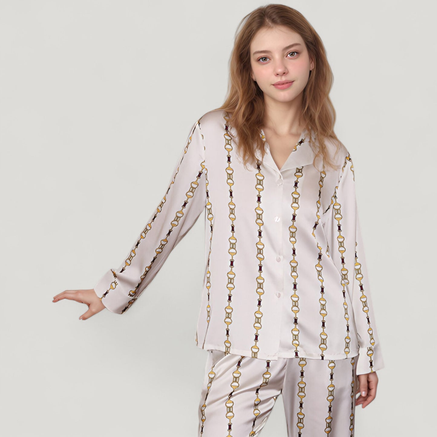 Anna-Kaci Lounge Women's Vertical Chain Print Pajama Set with Long Sleeve Notch Collar Button Down Top and Silky Relaxed Woven Pants
