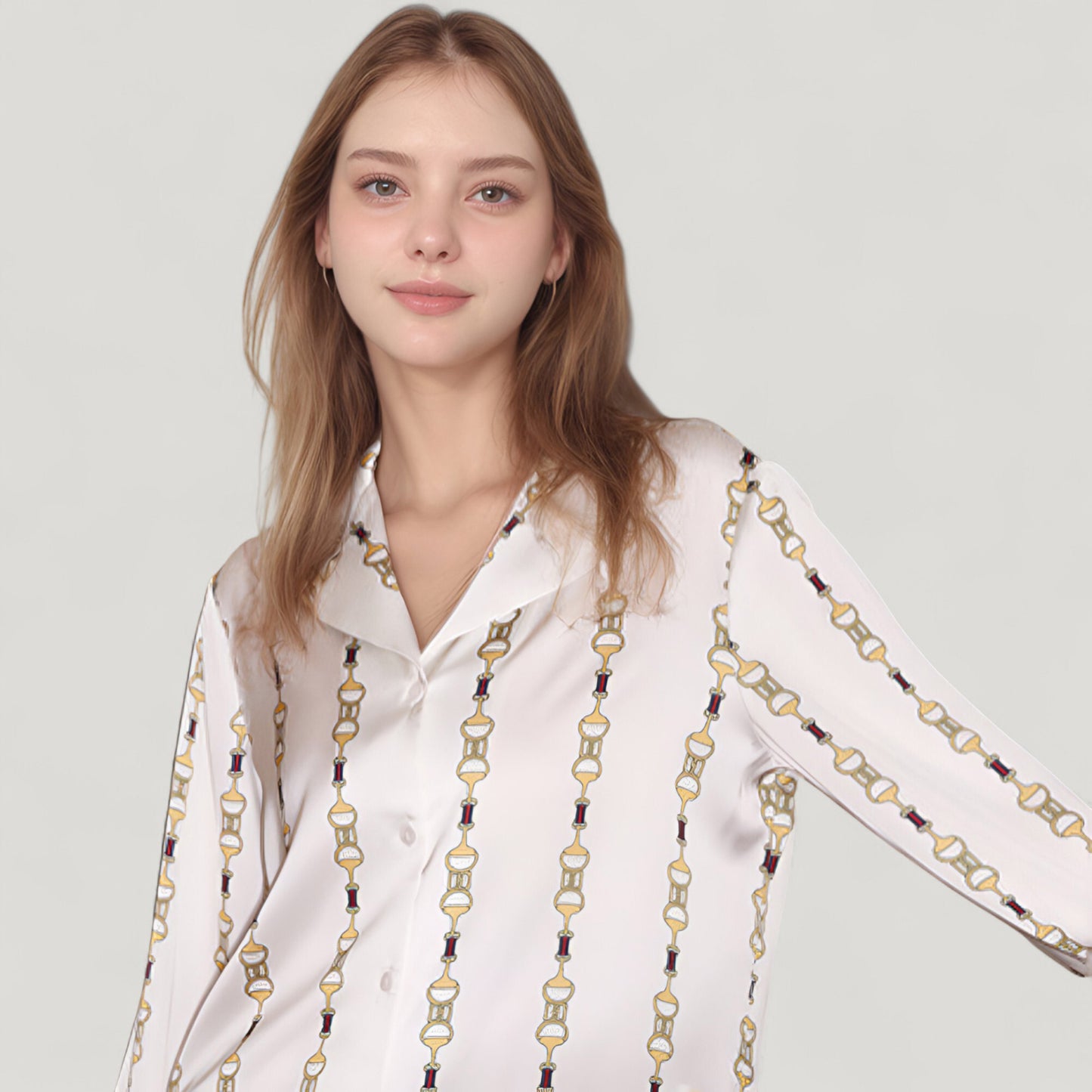 Anna-Kaci Lounge Women's Vertical Chain Print Pajama Set with Long Sleeve Notch Collar Button Down Top and Silky Relaxed Woven Pants