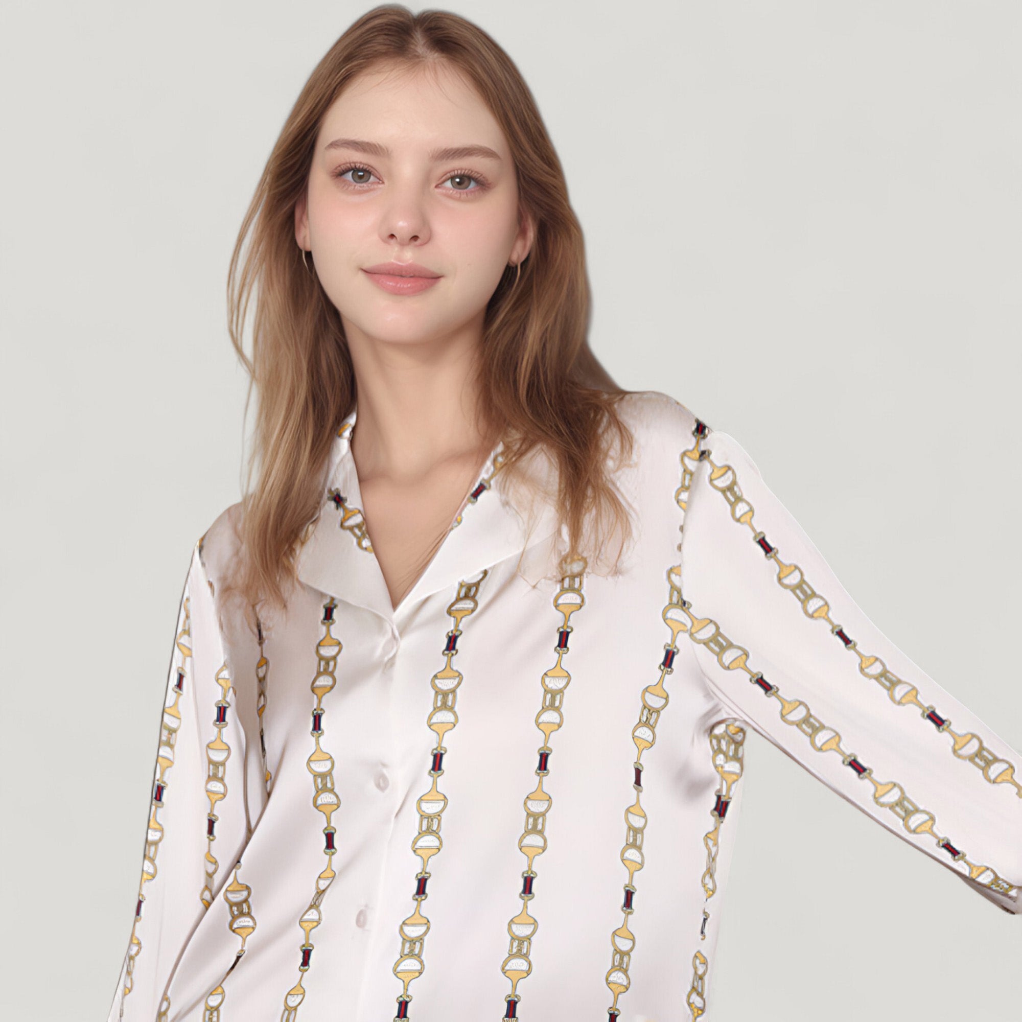 Anna-Kaci Lounge Women's Vertical Chain Print Pajama Set with Long Sleeve Notch Collar Button Down Top and Silky Relaxed Woven Pants