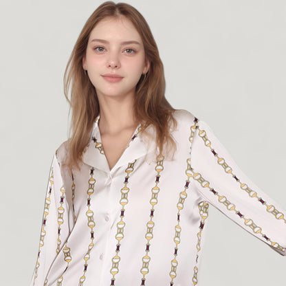 Anna-Kaci Lounge Women's Vertical Chain Print Pajama Set with Long Sleeve Notch Collar Button Down Top and Silky Relaxed Woven Pants
