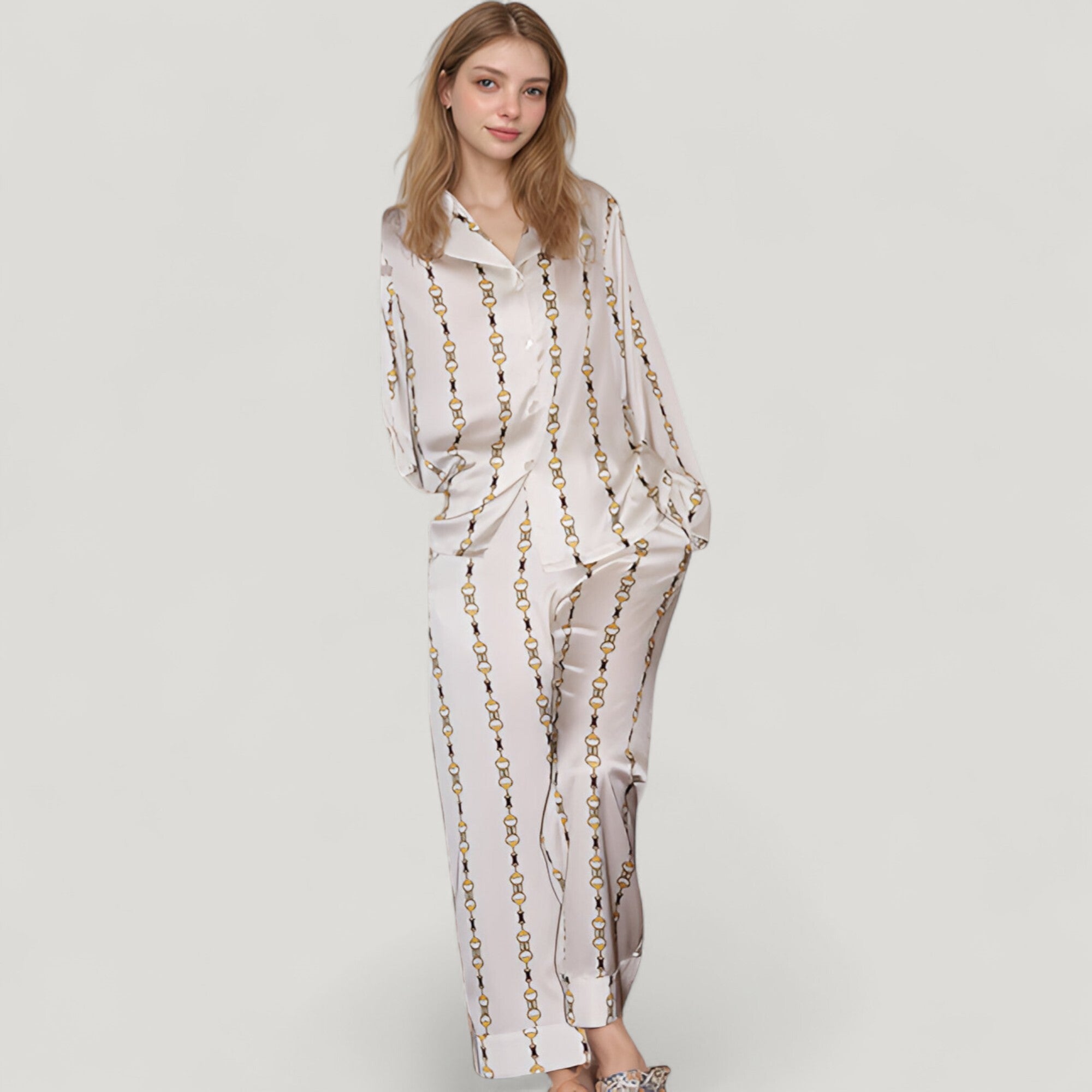 Anna-Kaci Lounge Women's Vertical Chain Print Pajama Set with Long Sleeve Notch Collar Button Down Top and Silky Relaxed Woven Pants