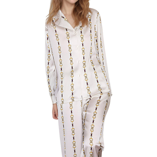 Anna-Kaci Lounge Women's Vertical Chain Print Pajama Set with Long Sleeve Notch Collar Button Down Top and Silky Relaxed Woven Pants