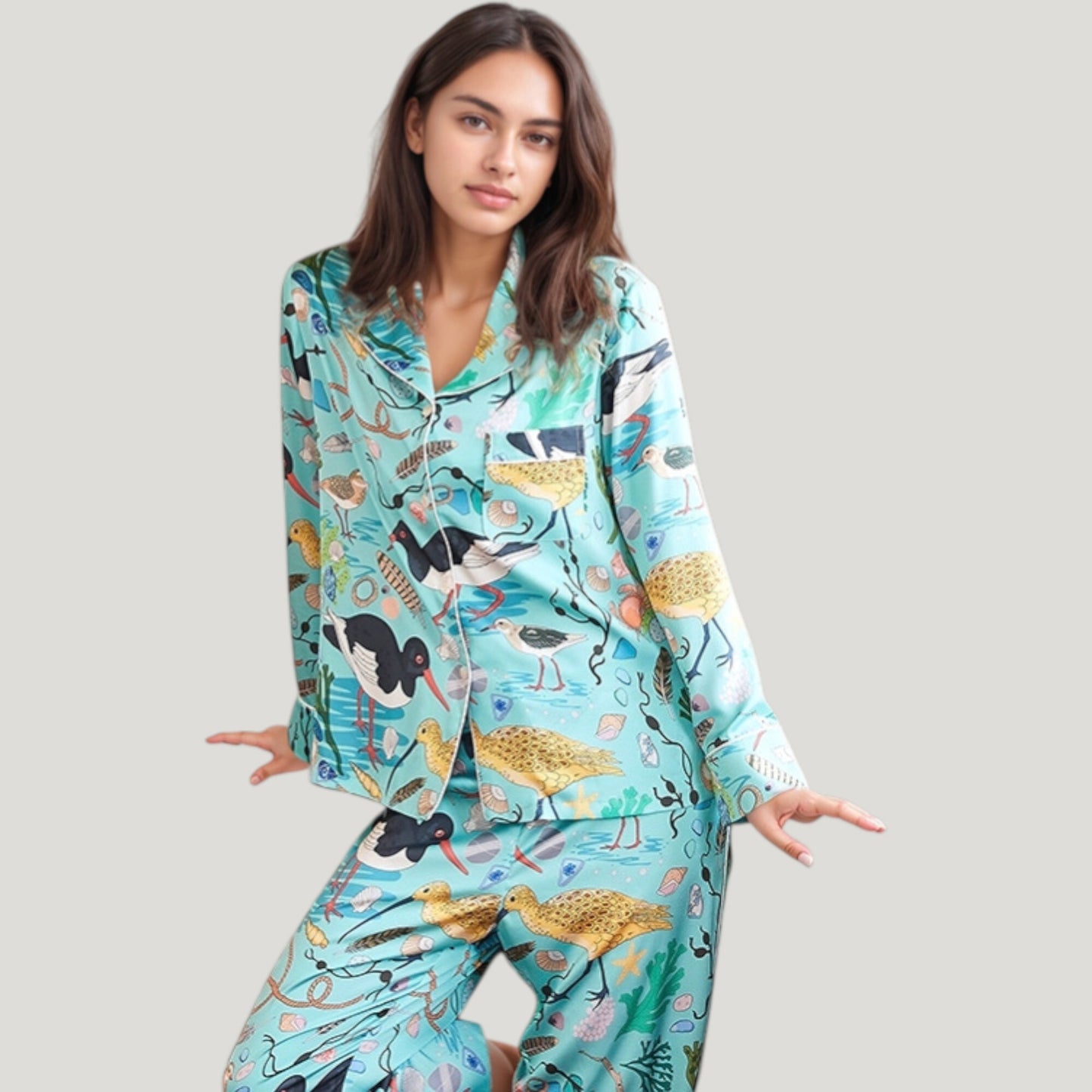 Anna-Kaci Lounge Women's Tropical Bird Print Pajama Set with Long Sleeve Notch Collar Button Down Top and Relaxed Silky Woven Pants