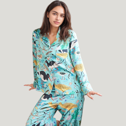Anna-Kaci Lounge Women's Tropical Bird Print Pajama Set with Long Sleeve Notch Collar Button Down Top and Relaxed Silky Woven Pants