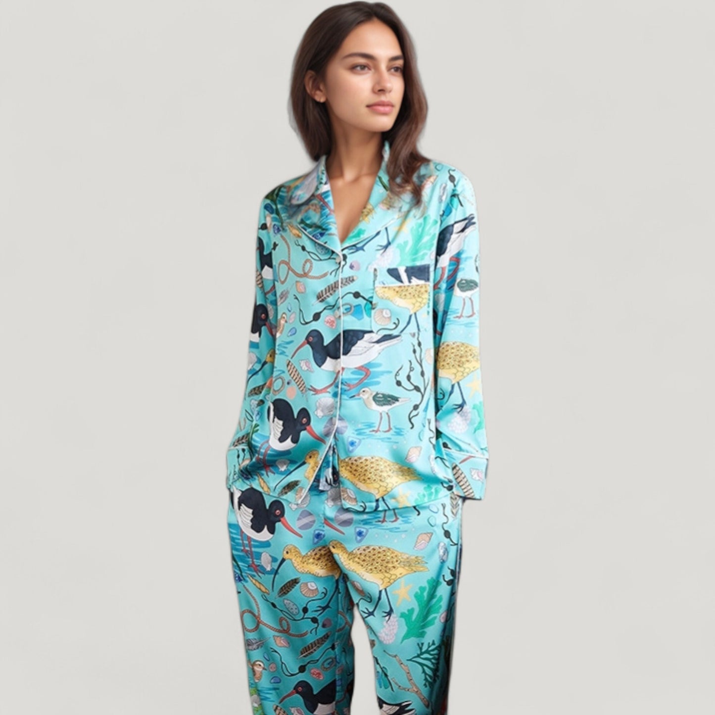 Anna-Kaci Lounge Women's Tropical Bird Print Pajama Set with Long Sleeve Notch Collar Button Down Top and Relaxed Silky Woven Pants
