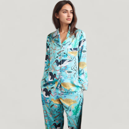 Anna-Kaci Lounge Women's Tropical Bird Print Pajama Set with Long Sleeve Notch Collar Button Down Top and Relaxed Silky Woven Pants