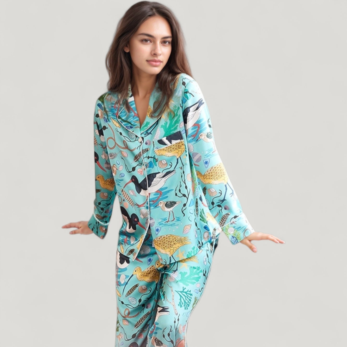 Anna-Kaci Lounge Women's Tropical Bird Print Pajama Set with Long Sleeve Notch Collar Button Down Top and Relaxed Silky Woven Pants