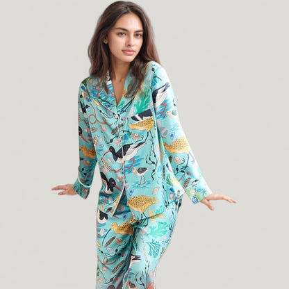 Anna-Kaci Lounge Women's Tropical Bird Print Pajama Set with Long Sleeve Notch Collar Button Down Top and Relaxed Silky Woven Pants