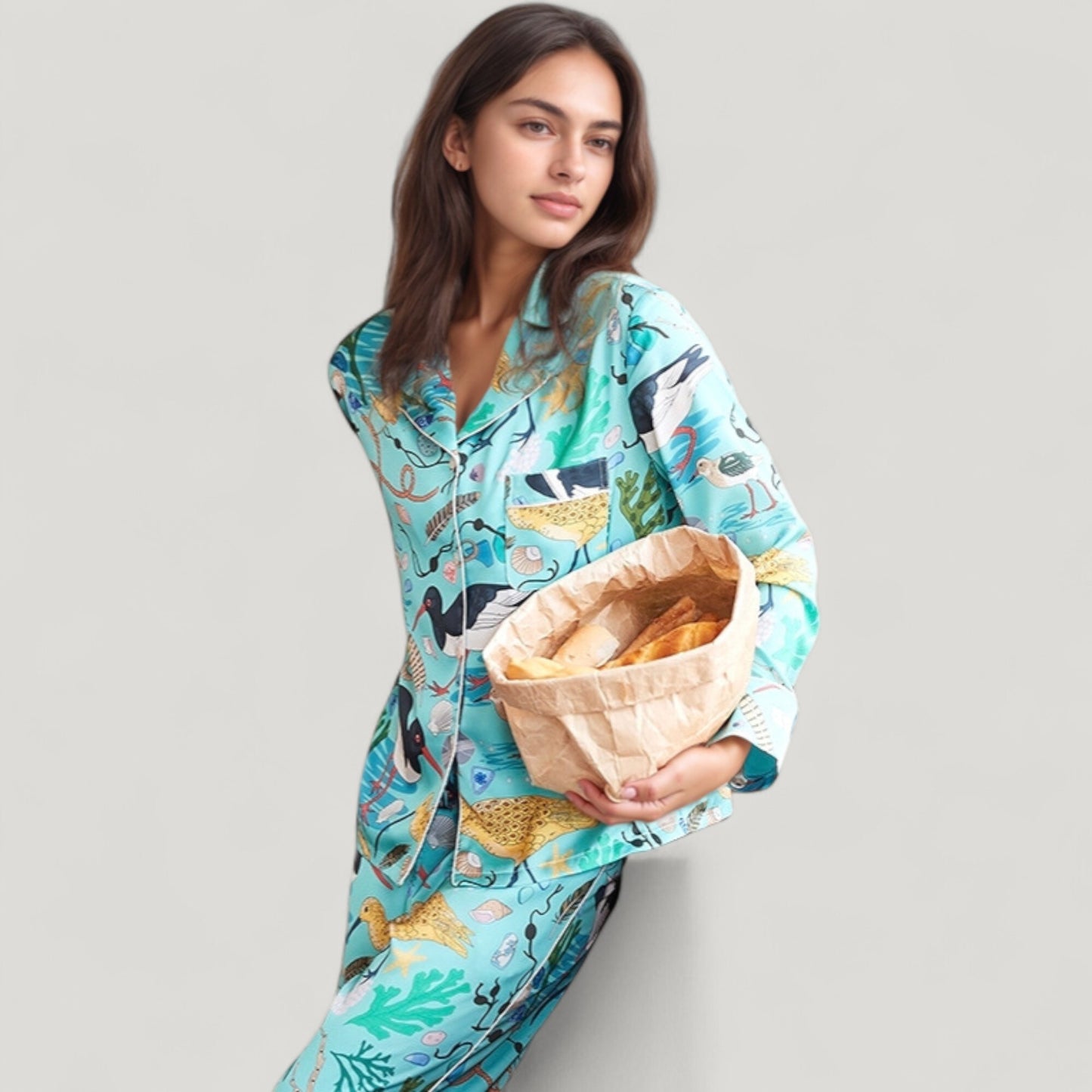 Anna-Kaci Lounge Women's Tropical Bird Print Pajama Set with Long Sleeve Notch Collar Button Down Top and Relaxed Silky Woven Pants
