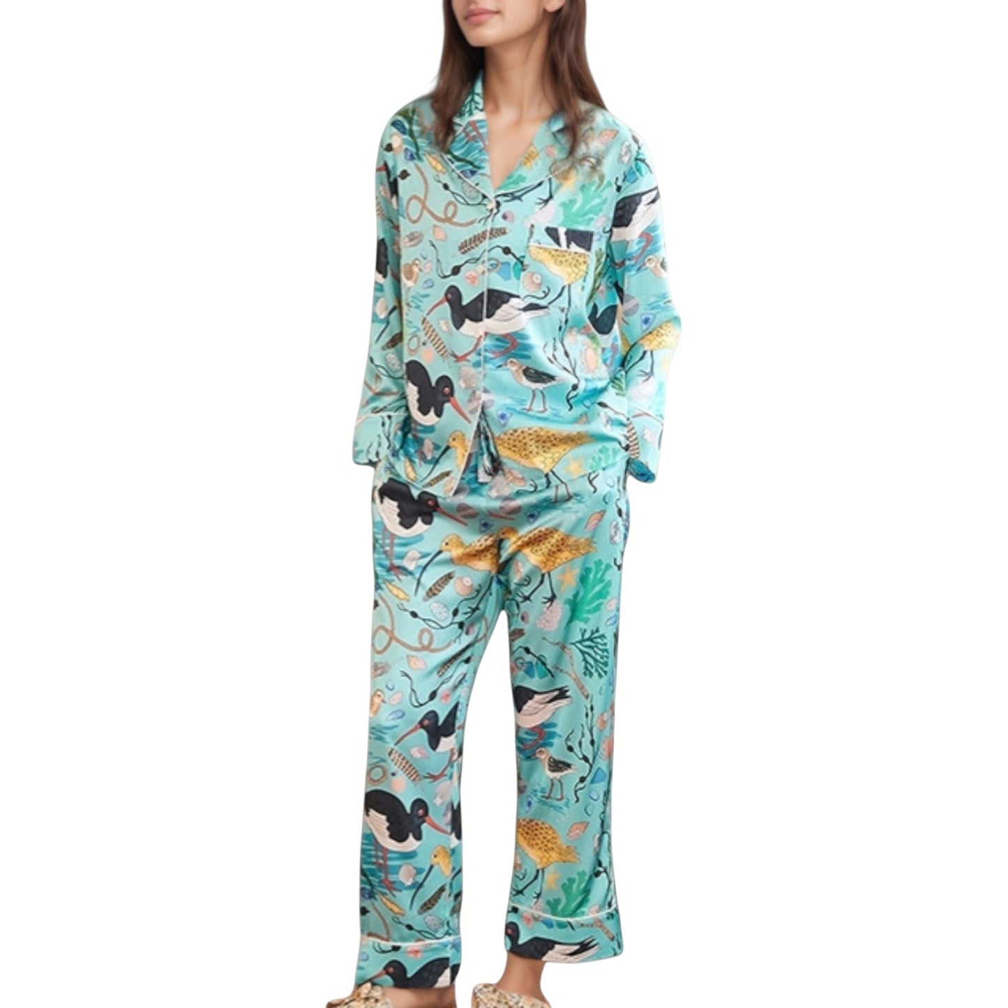 Anna-Kaci Lounge Women's Tropical Bird Print Pajama Set with Long Sleeve Notch Collar Button Down Top and Relaxed Silky Woven Pants