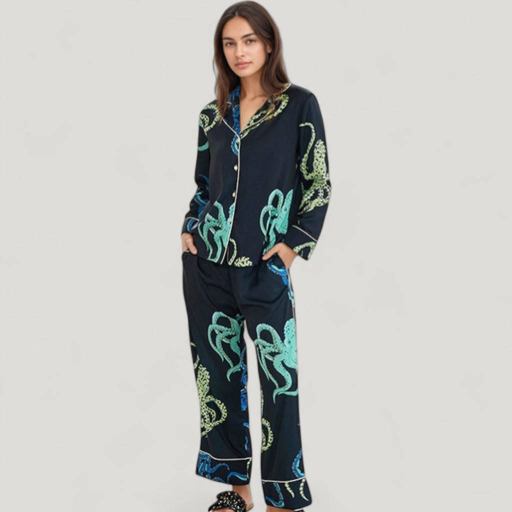 Anna-Kaci Lounge Women's Octopus Print Pajama Set with Button Front Long Sleeve Top and Relaxed Fit Wide Leg Woven Pants