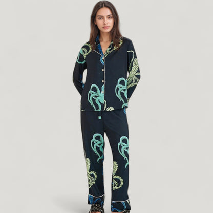 Anna-Kaci Lounge Women's Octopus Print Pajama Set with Button Front Long Sleeve Top and Relaxed Fit Wide Leg Woven Pants