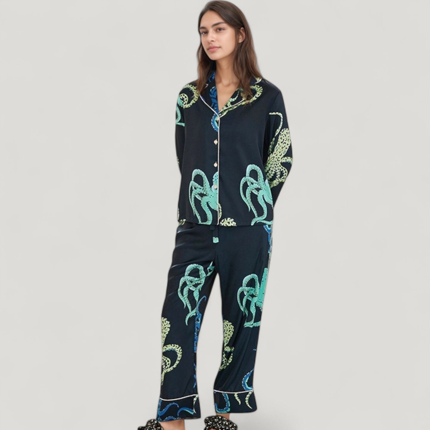 Anna-Kaci Lounge Women's Octopus Print Pajama Set with Button Front Long Sleeve Top and Relaxed Fit Wide Leg Woven Pants