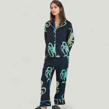 Anna-Kaci Lounge Women's Octopus Print Pajama Set with Button Front Long Sleeve Top and Relaxed Fit Wide Leg Woven Pants