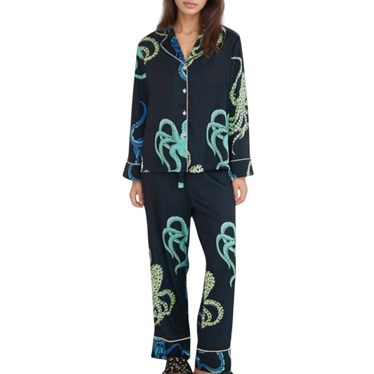 Anna-Kaci Lounge Women's Octopus Print Pajama Set with Button Front Long Sleeve Top and Relaxed Fit Wide Leg Woven Pants