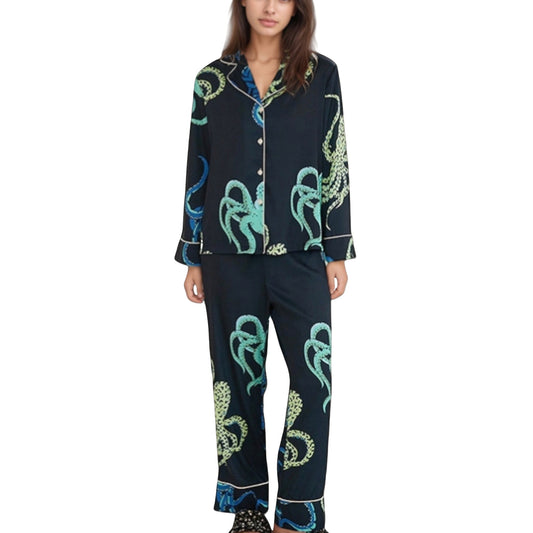 Anna-Kaci Lounge Women's Octopus Print Pajama Set with Button Front Long Sleeve Top and Relaxed Fit Wide Leg Woven Pants