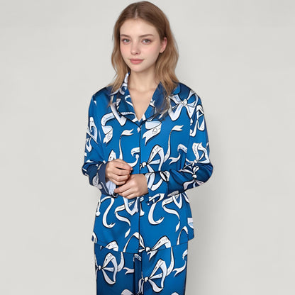 Anna-Kaci Lounge Women's Eel Print Pajama Set with Button Down Long Sleeve Top and Relaxed Fit Wide Leg Woven Pants