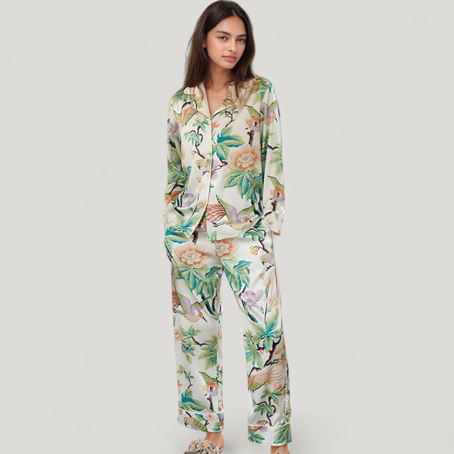 Anna-Kaci Lounge Women's Bird and Floral Print Pajama Set with Button Down Long Sleeve Top and Relaxed Fit Woven Pants