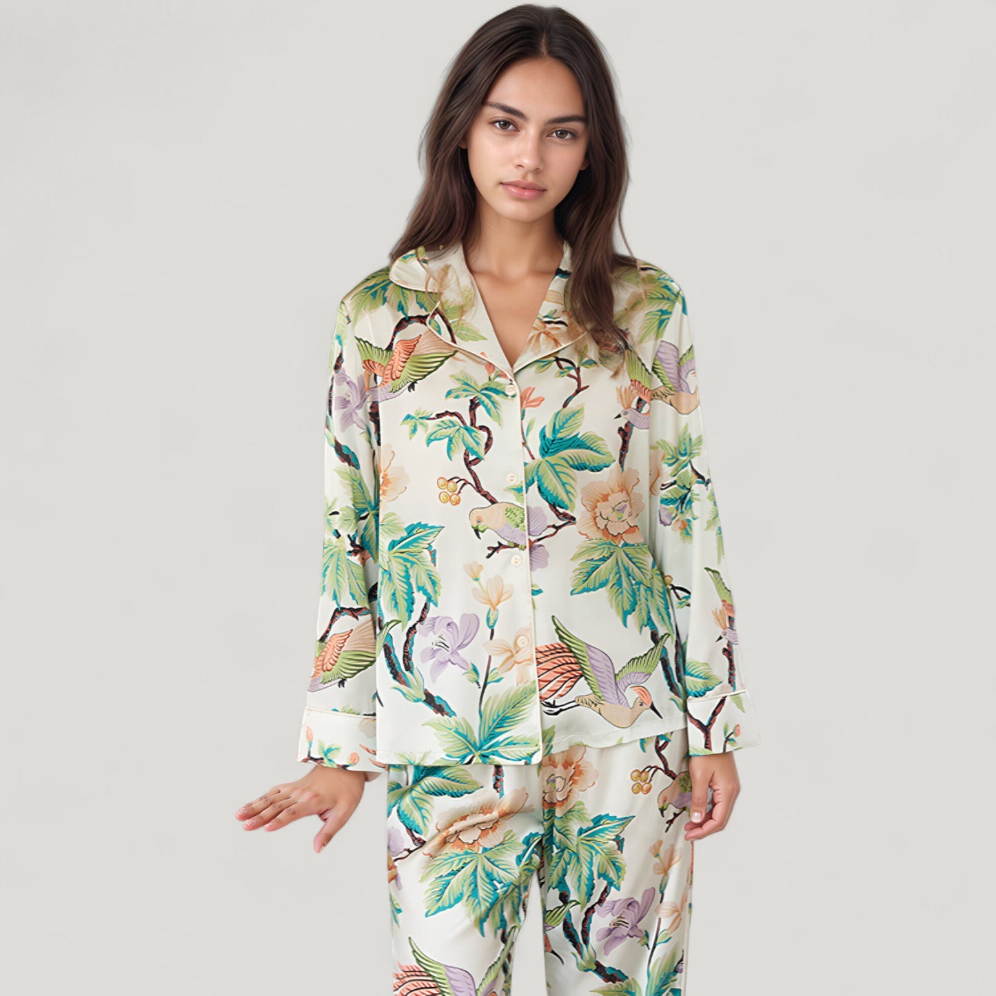 Anna-Kaci Lounge Women's Bird and Floral Print Pajama Set with Button Down Long Sleeve Top and Relaxed Fit Woven Pants