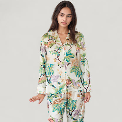 Anna-Kaci Lounge Women's Bird and Floral Print Pajama Set with Button Down Long Sleeve Top and Relaxed Fit Woven Pants