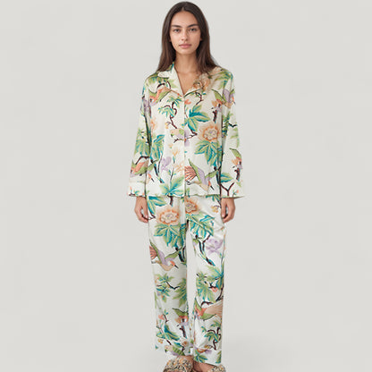 Anna-Kaci Lounge Women's Bird and Floral Print Pajama Set with Button Down Long Sleeve Top and Relaxed Fit Woven Pants